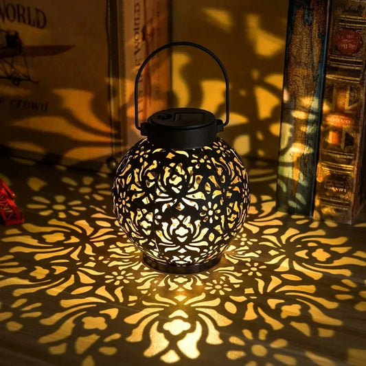 Solar LED Lantern Light, Outdoor Hanging Projection Light with Hollow Wrought Iron Design Waterproof Yard Garden Art Decoration