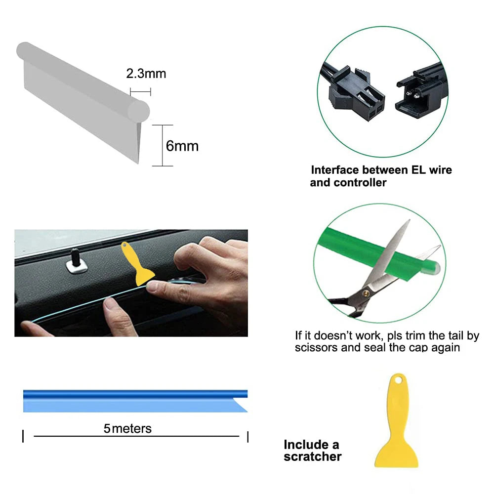 Car Interior LED Strip Light - 5M Neon EL Wire Ambient Lamp
