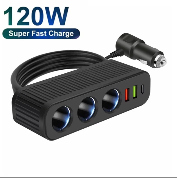 Cigarette Lighter Splitter - 120W 3-in-1 Fast Charger Adapter