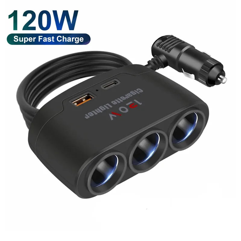 Cigarette Lighter Splitter - 120W 3-in-1 Fast Charger Adapter