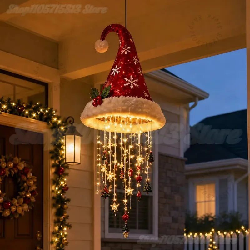 Lighted Santa Hat Hanging Chandelier – Warm LED Cascading Fringe Pendant Lamp for Porch, Patio, Window & Holiday Party Decor
