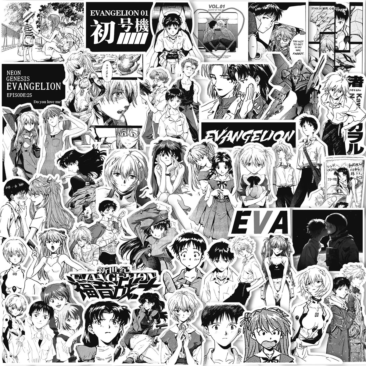 70/75/145PCS Black and White Sketch Neon Genesis Evangelion Stickers Classic Anime Decals for Notebook Skateboard Bike Sticker