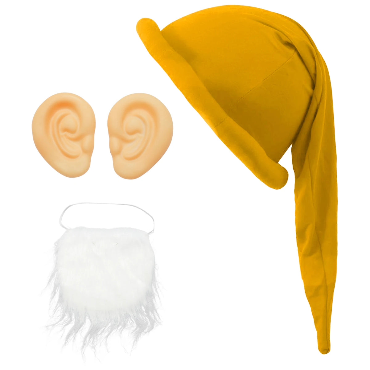 Christmas Dwarf Gnome Elf Cosplay Costume Accessories Padded Brim Hat with 1 Pair Ears White Beard Halloween Xmas Party Props