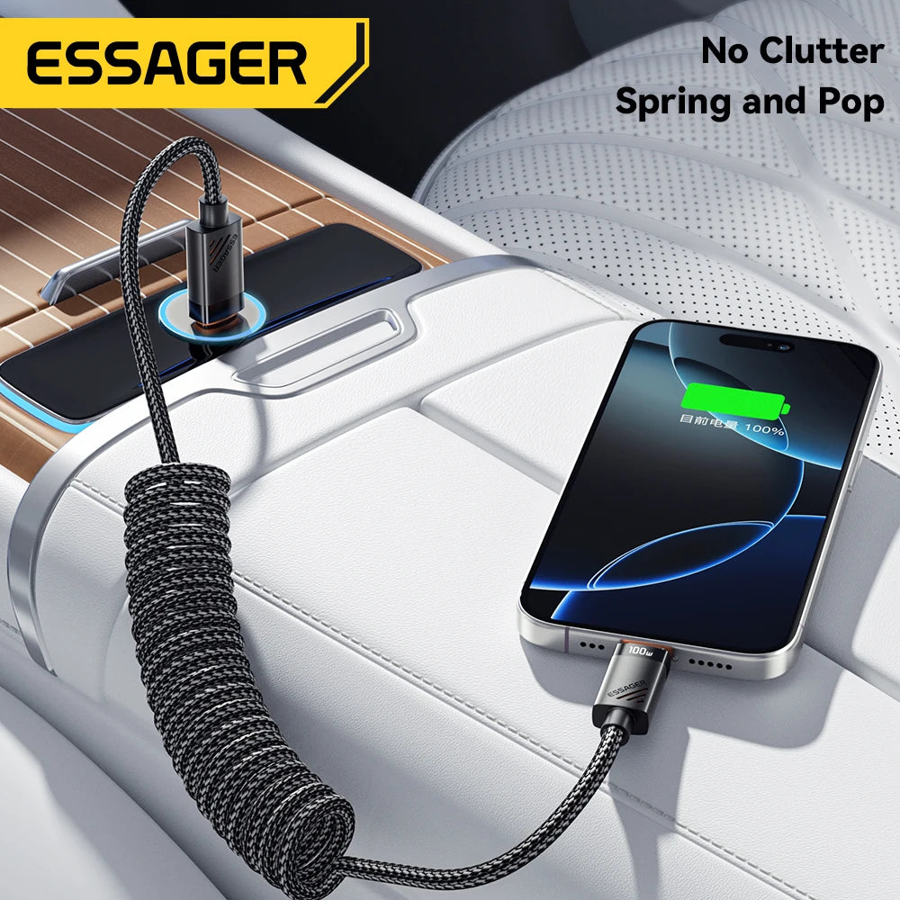 Essager Coiled USB-C to USB-C Spring Cable – 100W / 60W PD Fast Charging Retractable Car Charger Cord for iPhone 16/15, Samsung, iPad & Laptops