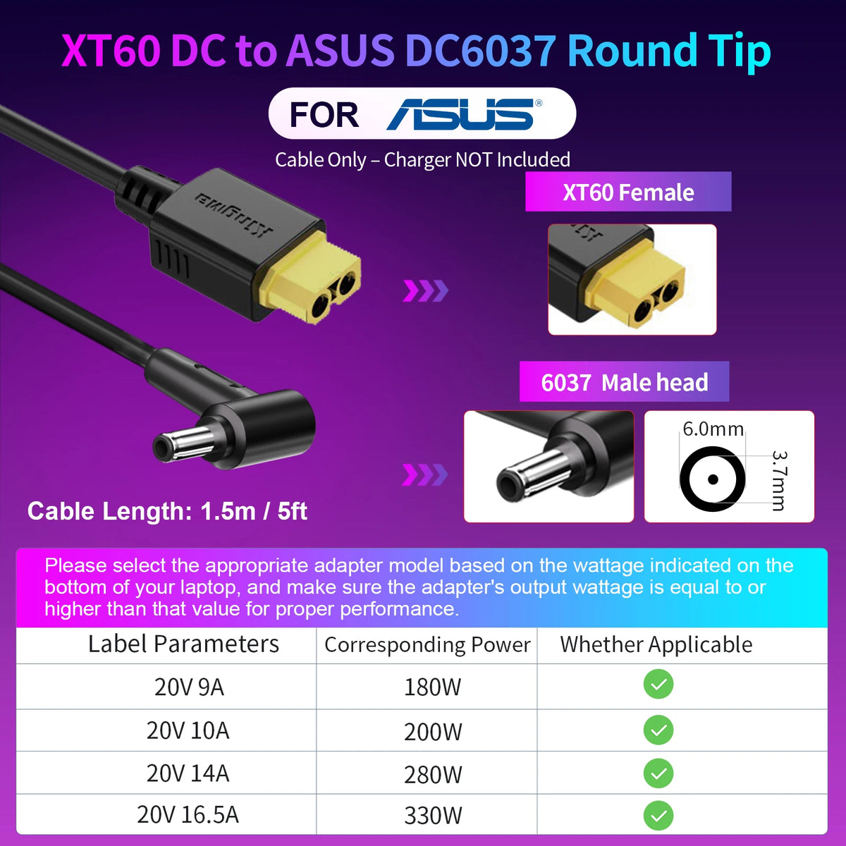 330W GaN Charger Laptop, XT60 to DC Cable Adapter,  Compatible with Lenovo, ASUS, Dell, Alienware, HP, Acer, MSI, Razer, Xiaomi