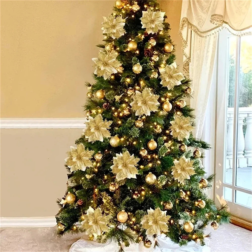5/10pcs 14.5cm Christmas Flower Ornaments,Pink,Red,Gold,Glitter Artifical Flowers For Christmas Tree,Xmas Decoration For Home