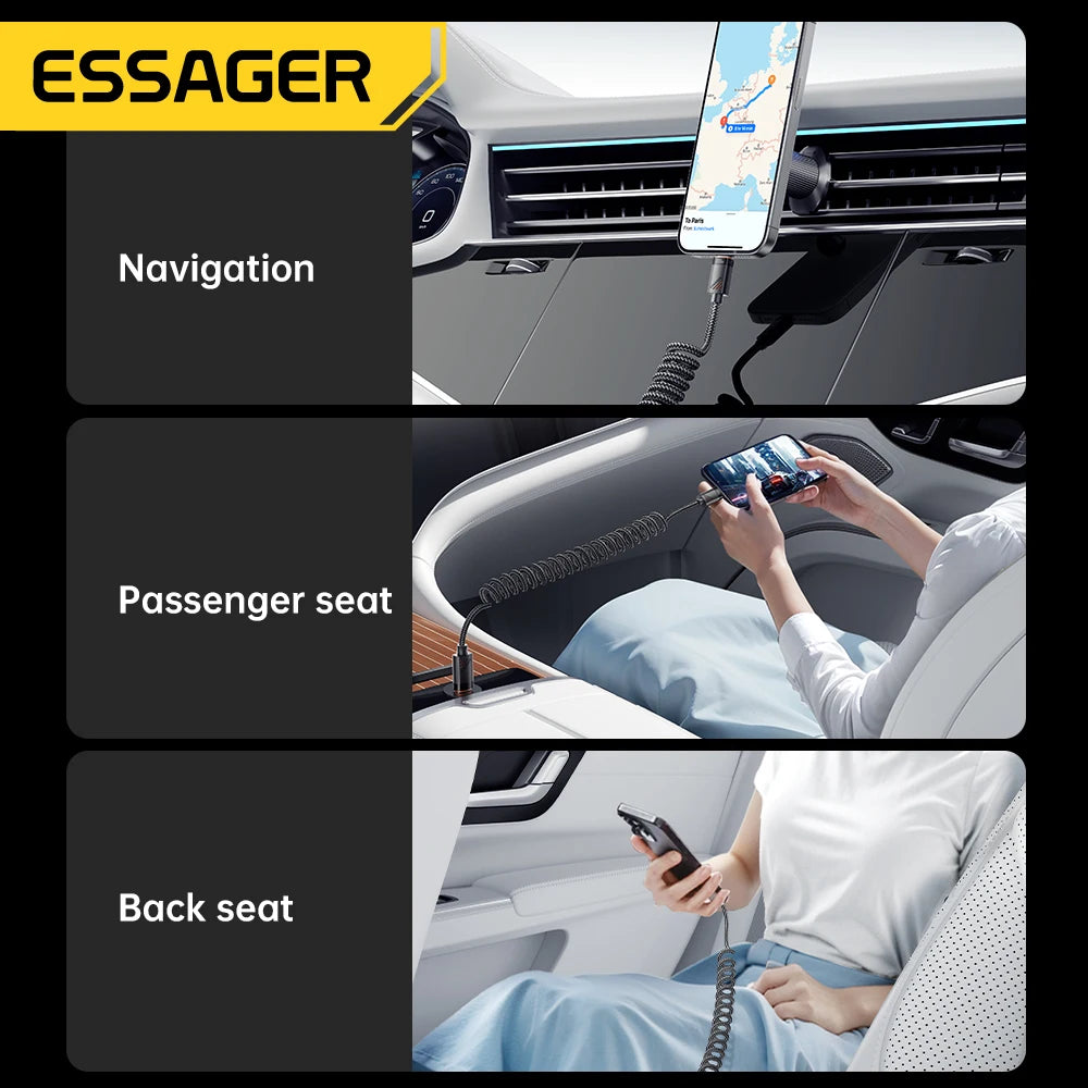Essager Coiled USB-C to USB-C Spring Cable – 100W / 60W PD Fast Charging Retractable Car Charger Cord for iPhone 16/15, Samsung, iPad & Laptops
