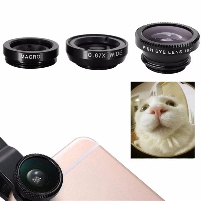 3in1 Fisheye Wide Angle Micro Camera Lens for iPhone Xiaomi Redmi 3in1 Zoom Fish Eye Len on Smartphone Lenses with Phone Clip