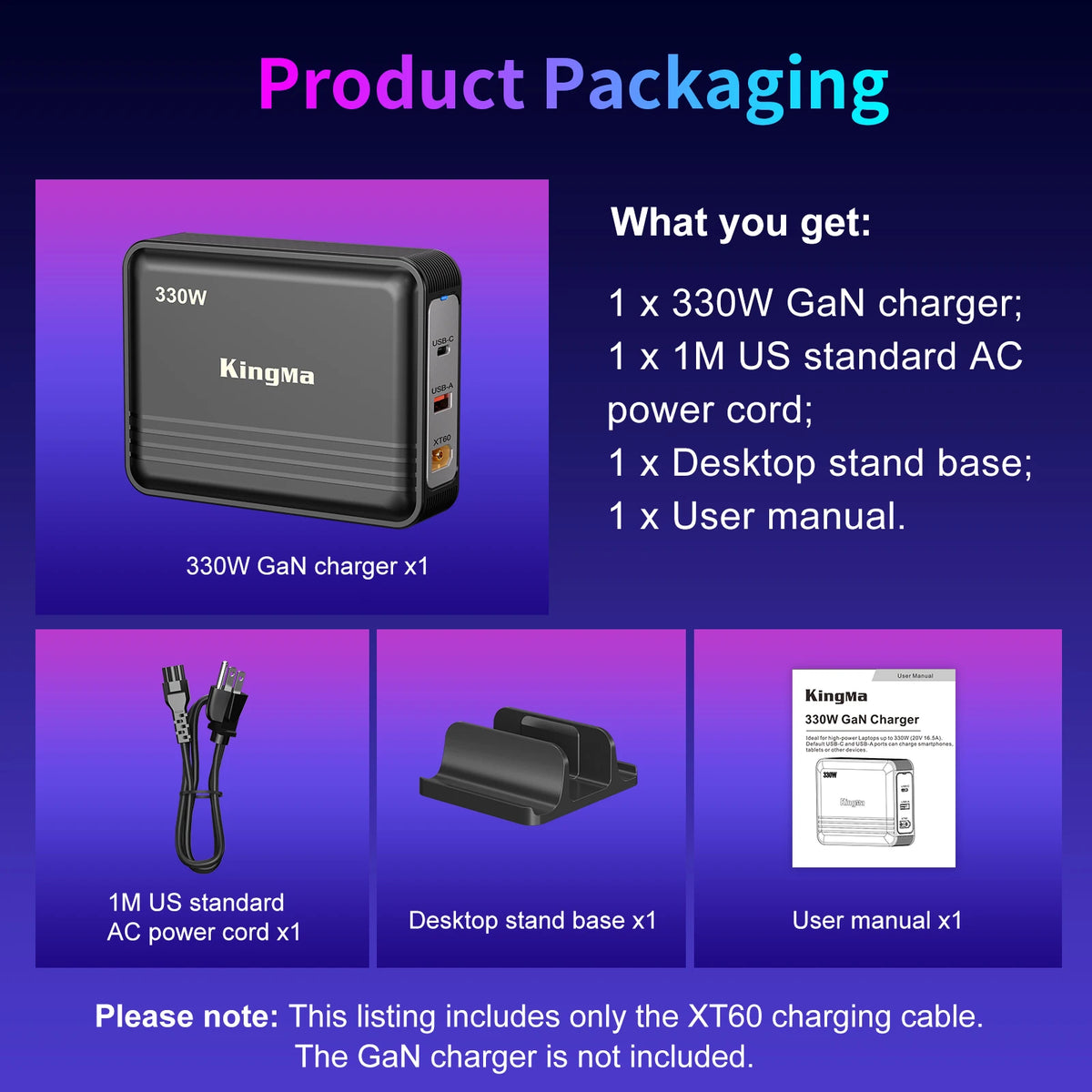 330W GaN Charger Laptop, XT60 to DC Cable Adapter,  Compatible with Lenovo, ASUS, Dell, Alienware, HP, Acer, MSI, Razer, Xiaomi