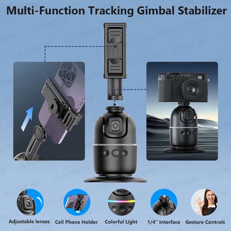 AI Smart Auto Face Tracking Phone Holder – 360° Rotating Gimbal Stand with Gesture Control for iPhone, Android, GoPro & Vlogging (No App Needed)