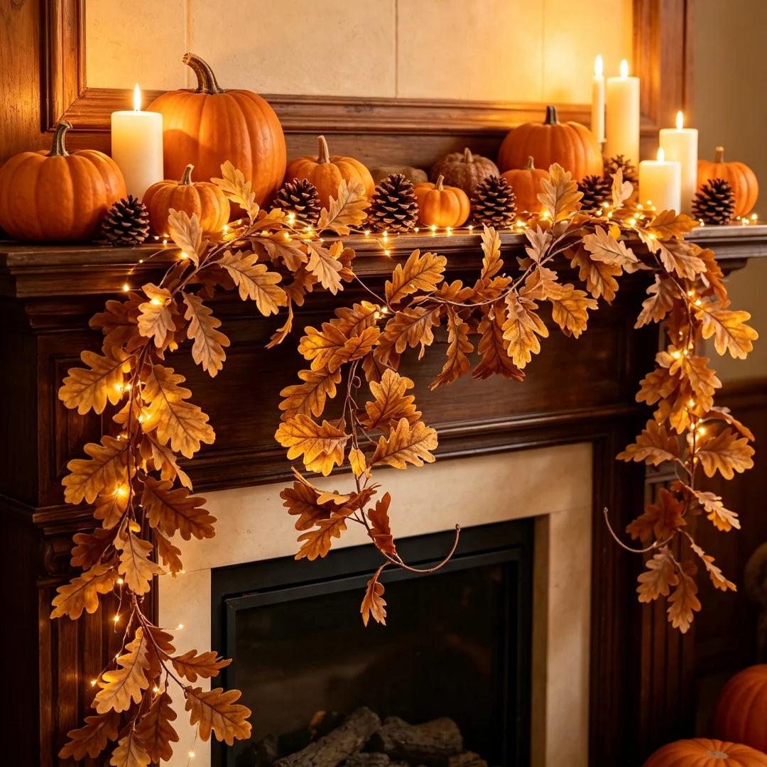 Artificial Oak Leaf Fall Garland, Autumn Vine Garland for Thanksgiving Halloween Farmhouse Fireplace Table Decor ﻿