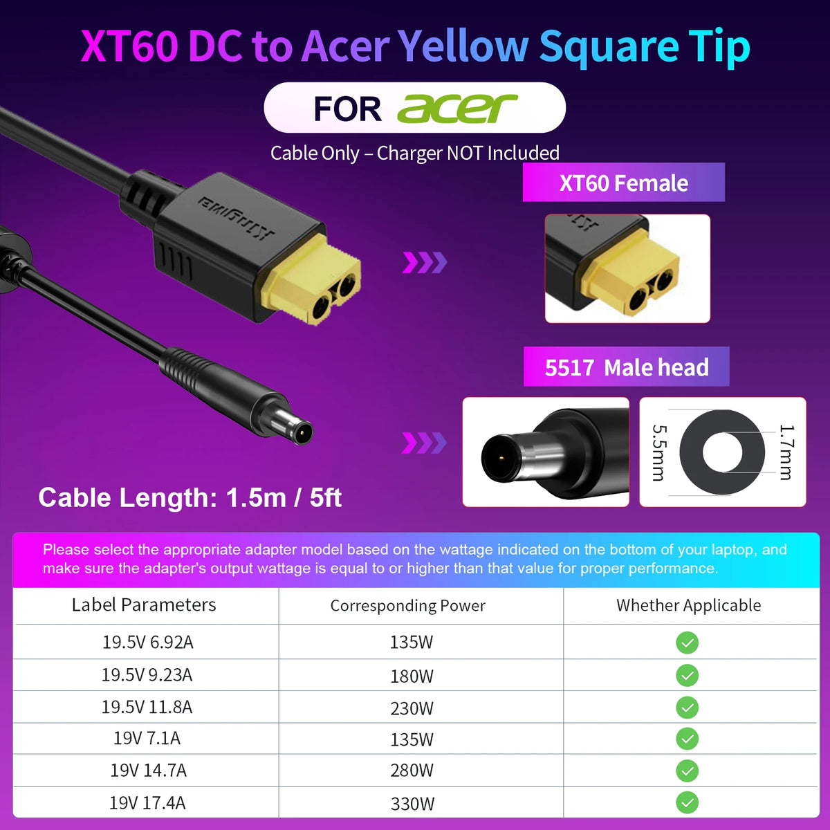 330W GaN Charger Laptop, XT60 to DC Cable Adapter,  Compatible with Lenovo, ASUS, Dell, Alienware, HP, Acer, MSI, Razer, Xiaomi