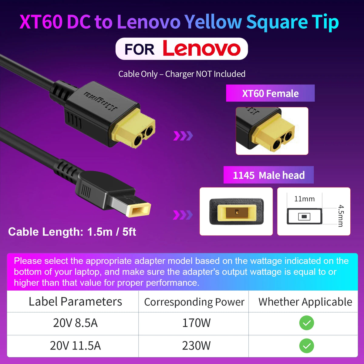 330W GaN Charger Laptop, XT60 to DC Cable Adapter,  Compatible with Lenovo, ASUS, Dell, Alienware, HP, Acer, MSI, Razer, Xiaomi