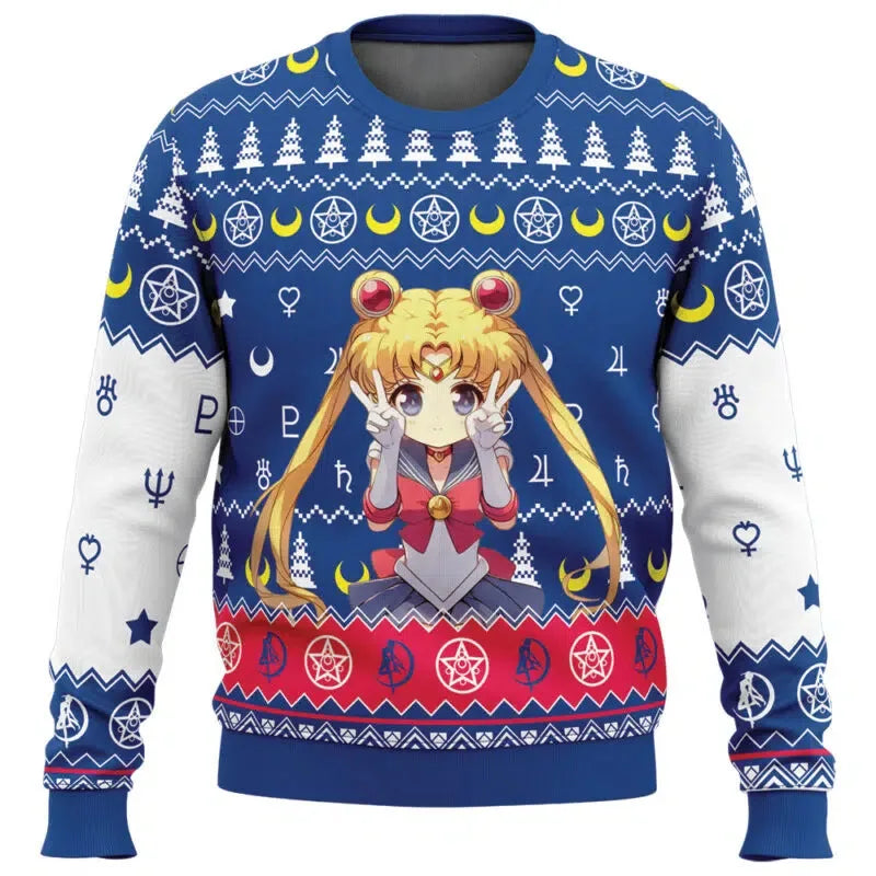 3D New Christmas Series Anime Sailor Moon Blade Round Neck Hoodie Printed Imitation Sweater Knitted Decorative Daily Necessitie