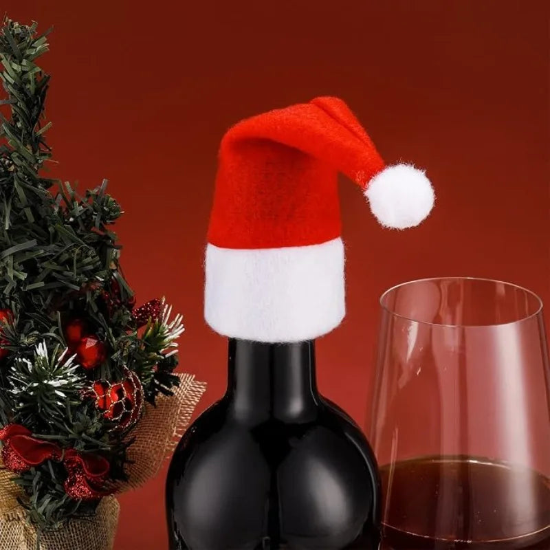 Mini Santa Hat Wine Bottle Covers – Cute Red Velvet Bottle Toppers & Silverware Pouch for Christmas Dinner Party Table Decor