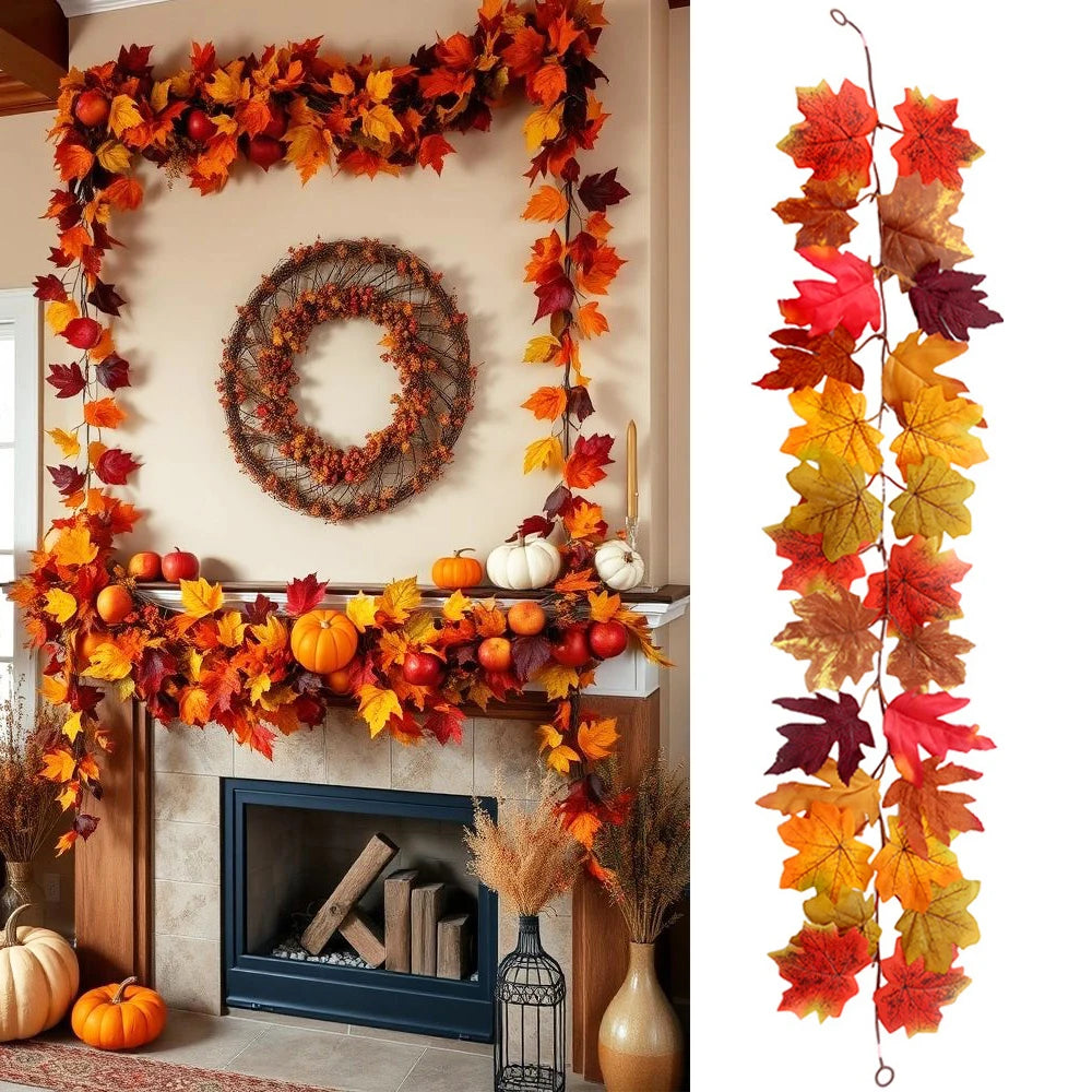 Autumn Decor Artificial Maple Fall Leaf Vine Garland Hanging Wedding Thanksgiving Decorations Home Halloween Fireplace Decor