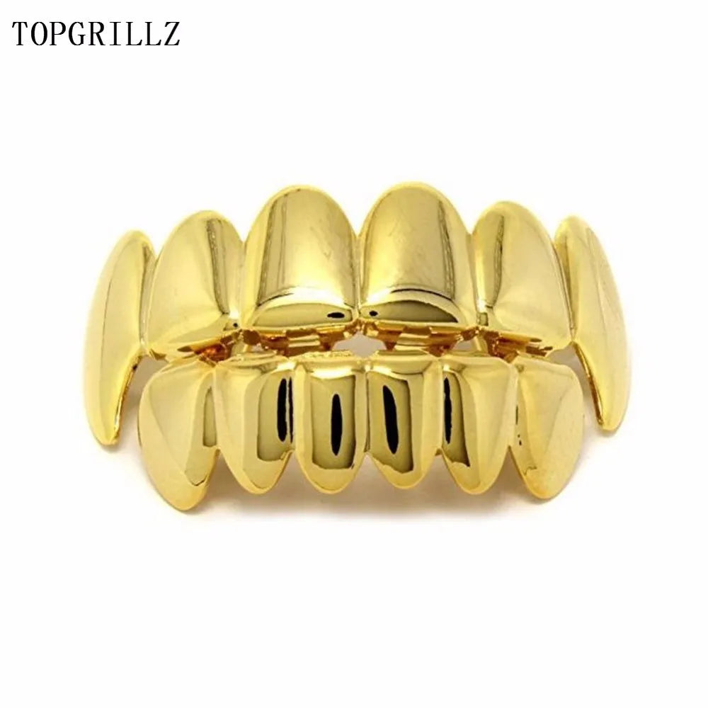 TOPGRILLZ New Fit Rose Gold Color Plated Hip Hop Teeth Grillz Caps Top&Bottom Grill Set for Christmas Party Vampire Tooth Grillz