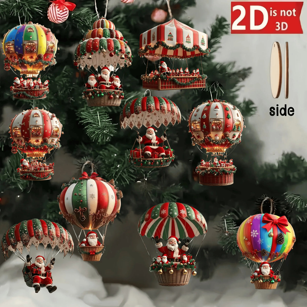 10Pcs Christmas Wooden Hot Air Balloon Santa Claus 2D Flat Wooden Pendant Christmas Tree Decoration Perfect Holiday Gift Decor