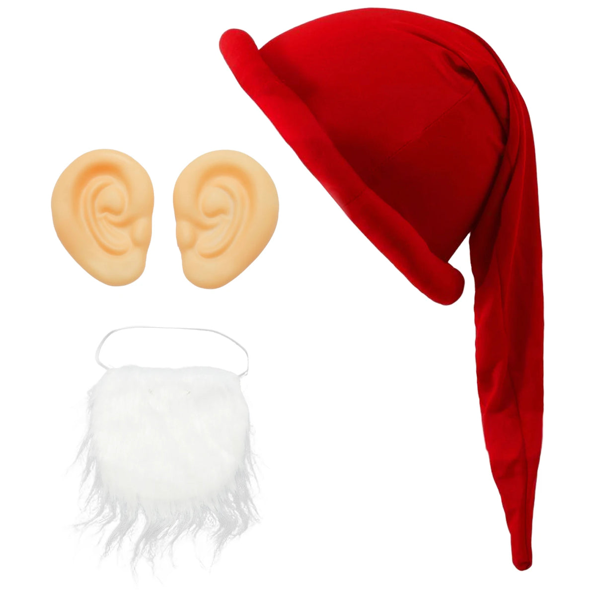 Christmas Dwarf Gnome Elf Cosplay Costume Accessories Padded Brim Hat with 1 Pair Ears White Beard Halloween Xmas Party Props