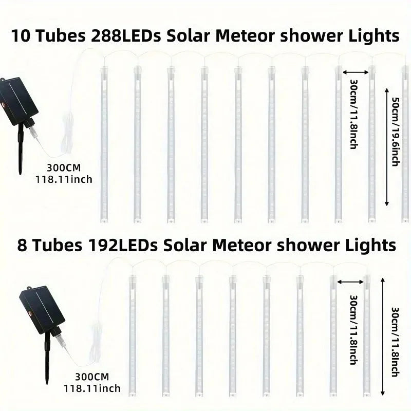 CELESTIAL CASCADE | Waterproof Solar LED Meteor Shower & Falling Rain Cascading Lights (8 Tubes)