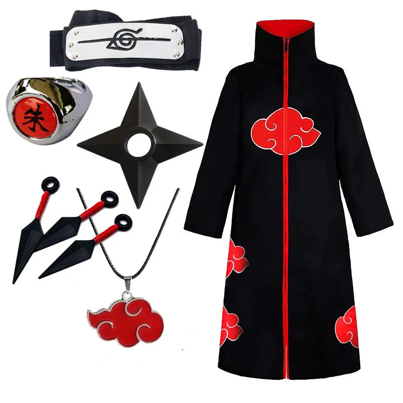 Akatsuki Uchiha Itachi Cloak for Adult Long Black Robe Capes Halloween Carnival Cosplay Costume with Accessories