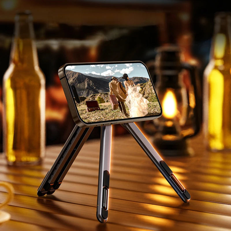 Foldable Aluminum Magnetic Phone Stand – Ultra-Stable MagSafe Desktop Tripod & Travel Phone Holder for iPhone 16/15/14/13 & Android