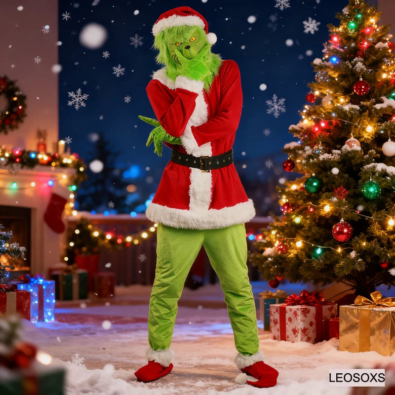 Deluxe Green Holiday Monster Cosplay Costume Set – Complete Christmas Santa Suit with Plush Mask, Coat, Pants, Gloves & Accessories for Adults