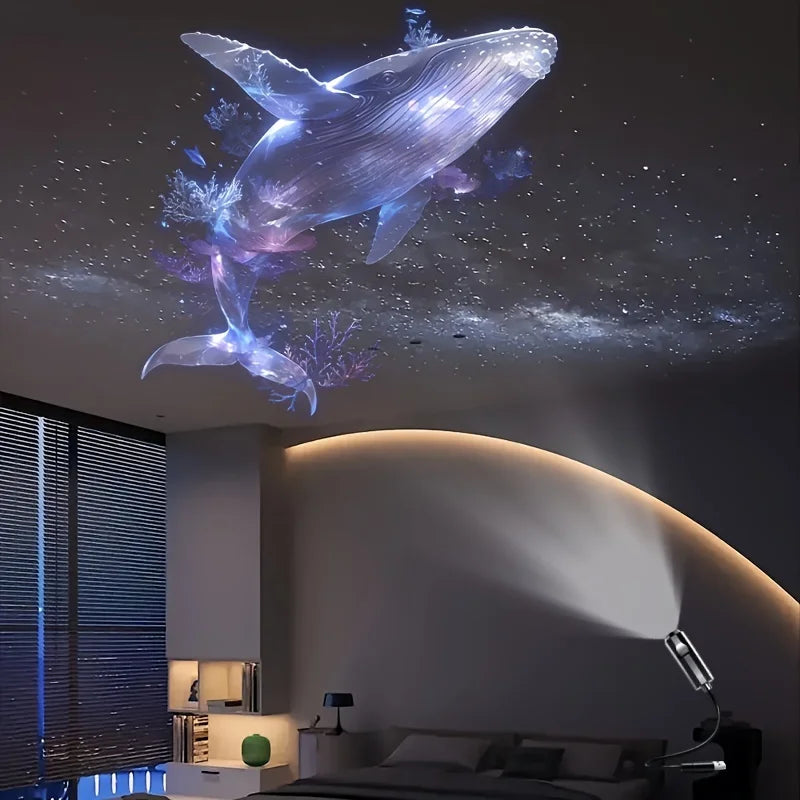 USB LED Ambient Projector Light with Interchangeable Pattern Slides – Flexible Neck Night Lamp for Ocean Whale, Celestial & Holiday Room Decor