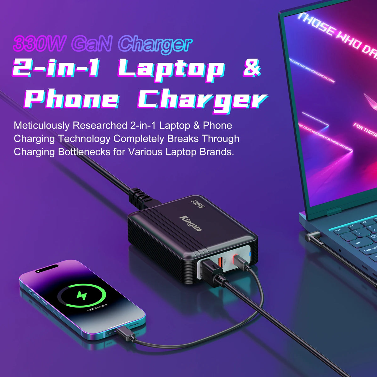 330W GaN Charger Laptop, XT60 to DC Cable Adapter,  Compatible with Lenovo, ASUS, Dell, Alienware, HP, Acer, MSI, Razer, Xiaomi