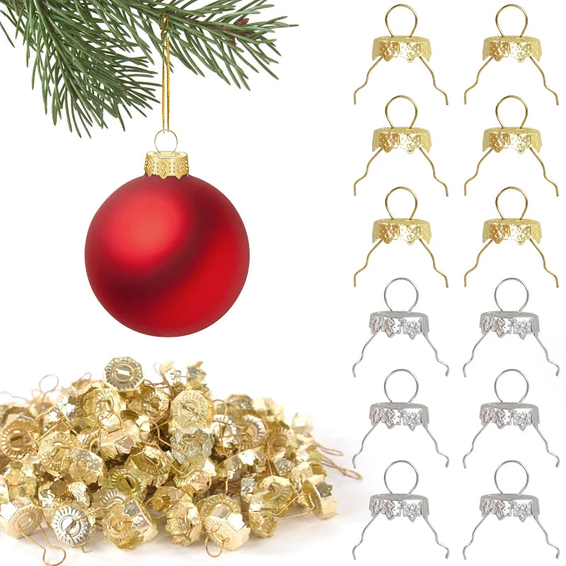 50Pcs Christmas Themed Metal Ornament Caps With Hangers Golden Silver Designs For Xmas Bauble Decorations New Year Tree Ornament