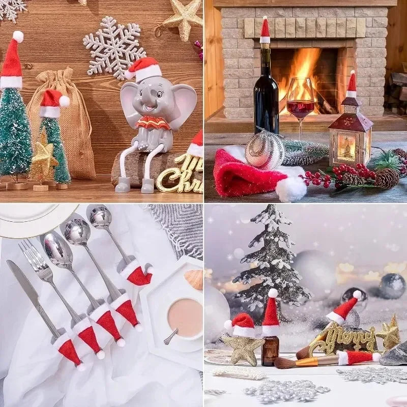 Mini Santa Hat Wine Bottle Covers – Cute Red Velvet Bottle Toppers & Silverware Pouch for Christmas Dinner Party Table Decor