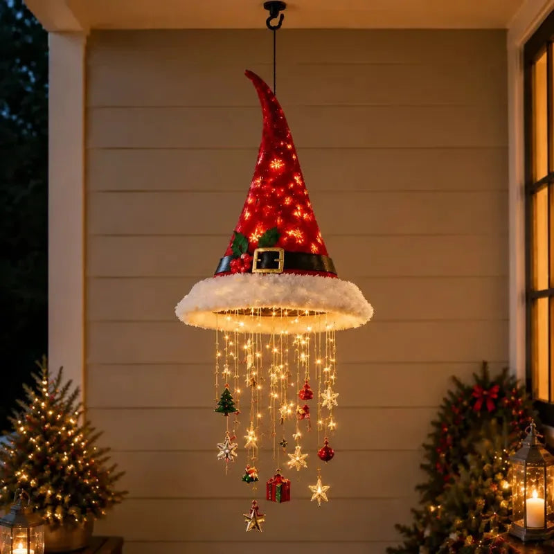 Lighted Santa Hat Hanging Chandelier – Warm LED Cascading Fringe Pendant Lamp for Porch, Patio, Window & Holiday Party Decor