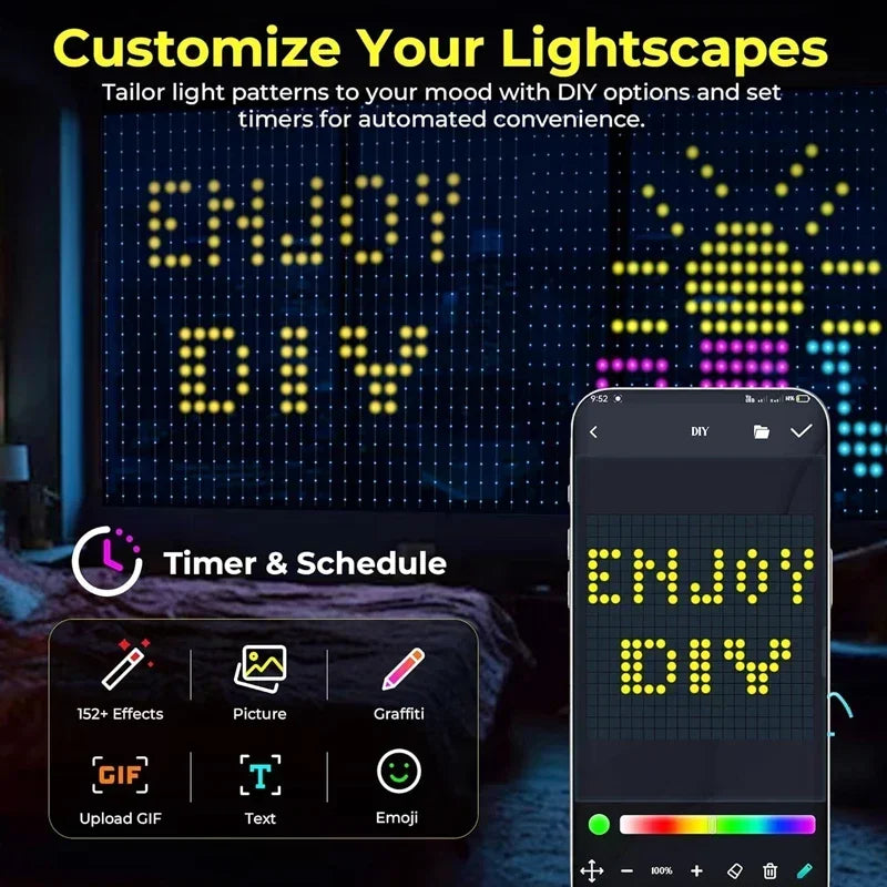 Smart LED Curtain Lights with App Control & Music Sync – Customizable DIY Patterns & Text, Waterproof RGB Fairy Lights for Bedroom, Patio, Holiday & Party Decor
