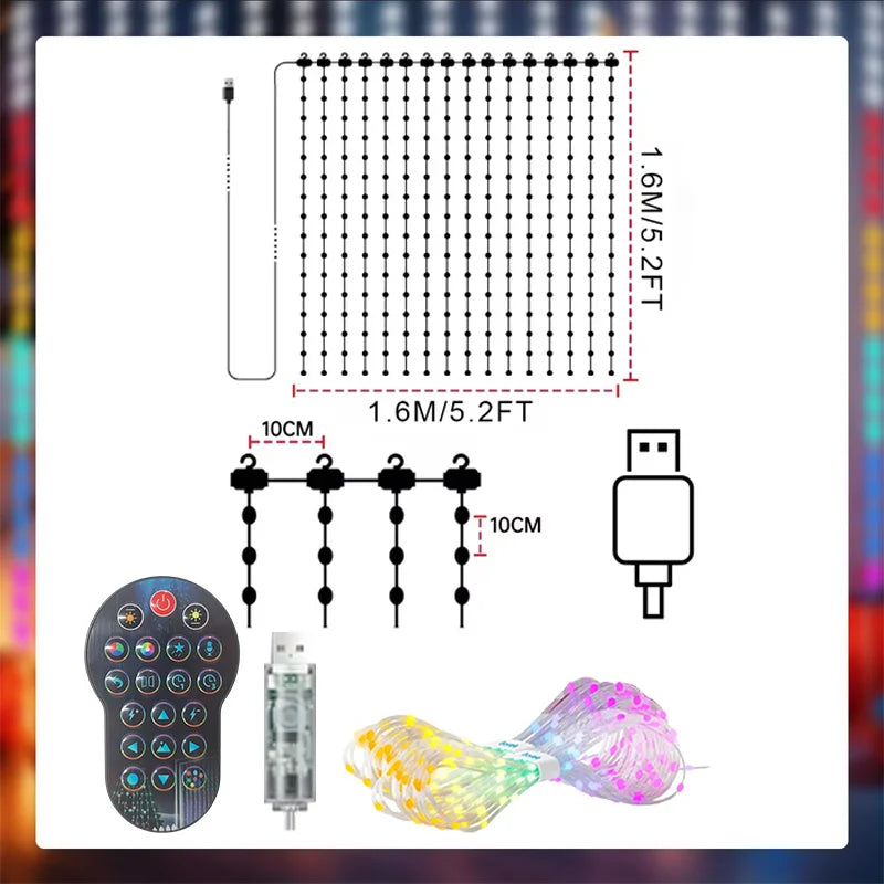 Smart LED Curtain Lights with App Control & Music Sync – Customizable DIY Patterns & Text, Waterproof RGB Fairy Lights for Bedroom, Patio, Holiday & Party Decor