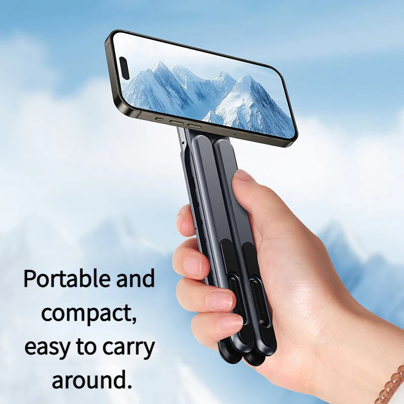 Foldable Aluminum Magnetic Phone Stand – Ultra-Stable MagSafe Desktop Tripod & Travel Phone Holder for iPhone 16/15/14/13 & Android