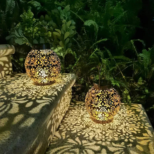 Solar LED Lantern Light, Outdoor Hanging Projection Light with Hollow Wrought Iron Design Waterproof Yard Garden Art Decoration