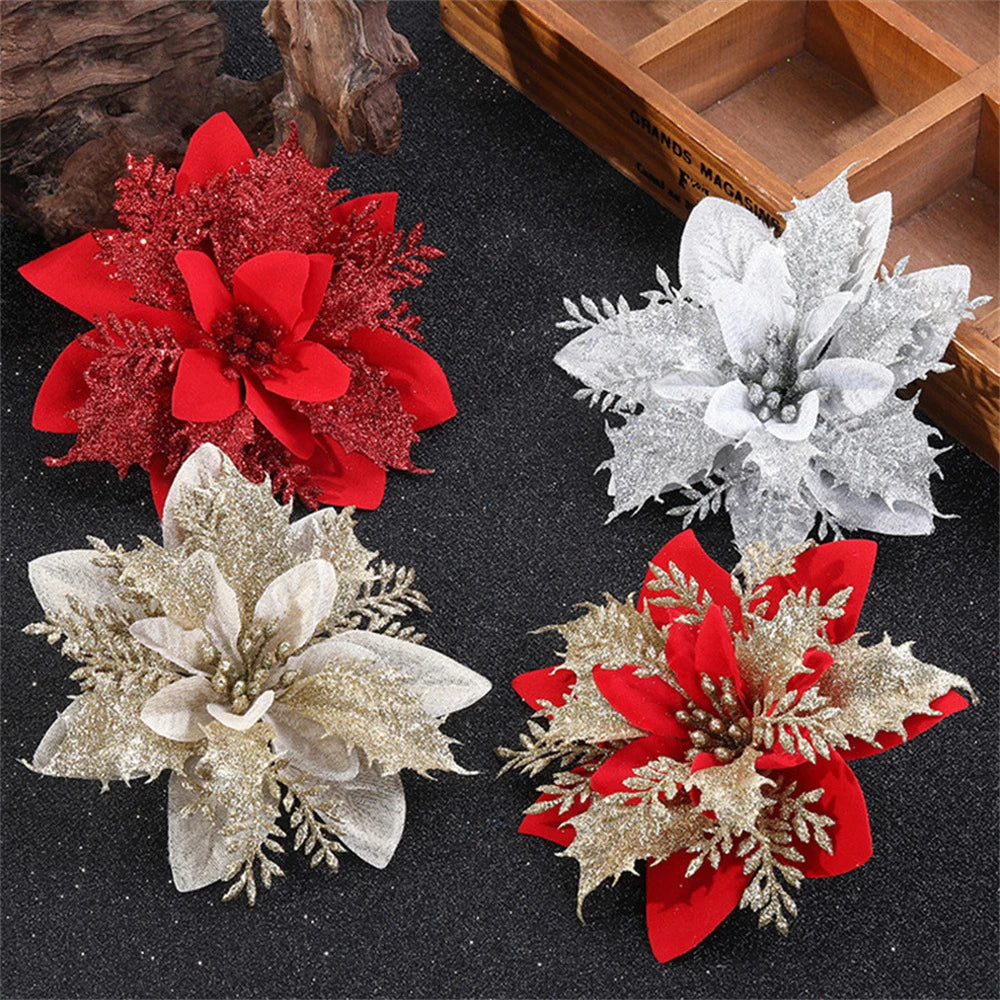5/10pcs 14.5cm Christmas Flower Ornaments,Pink,Red,Gold,Glitter Artifical Flowers For Christmas Tree,Xmas Decoration For Home