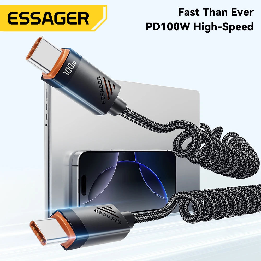 Essager Coiled USB-C to USB-C Spring Cable – 100W / 60W PD Fast Charging Retractable Car Charger Cord for iPhone 16/15, Samsung, iPad & Laptops
