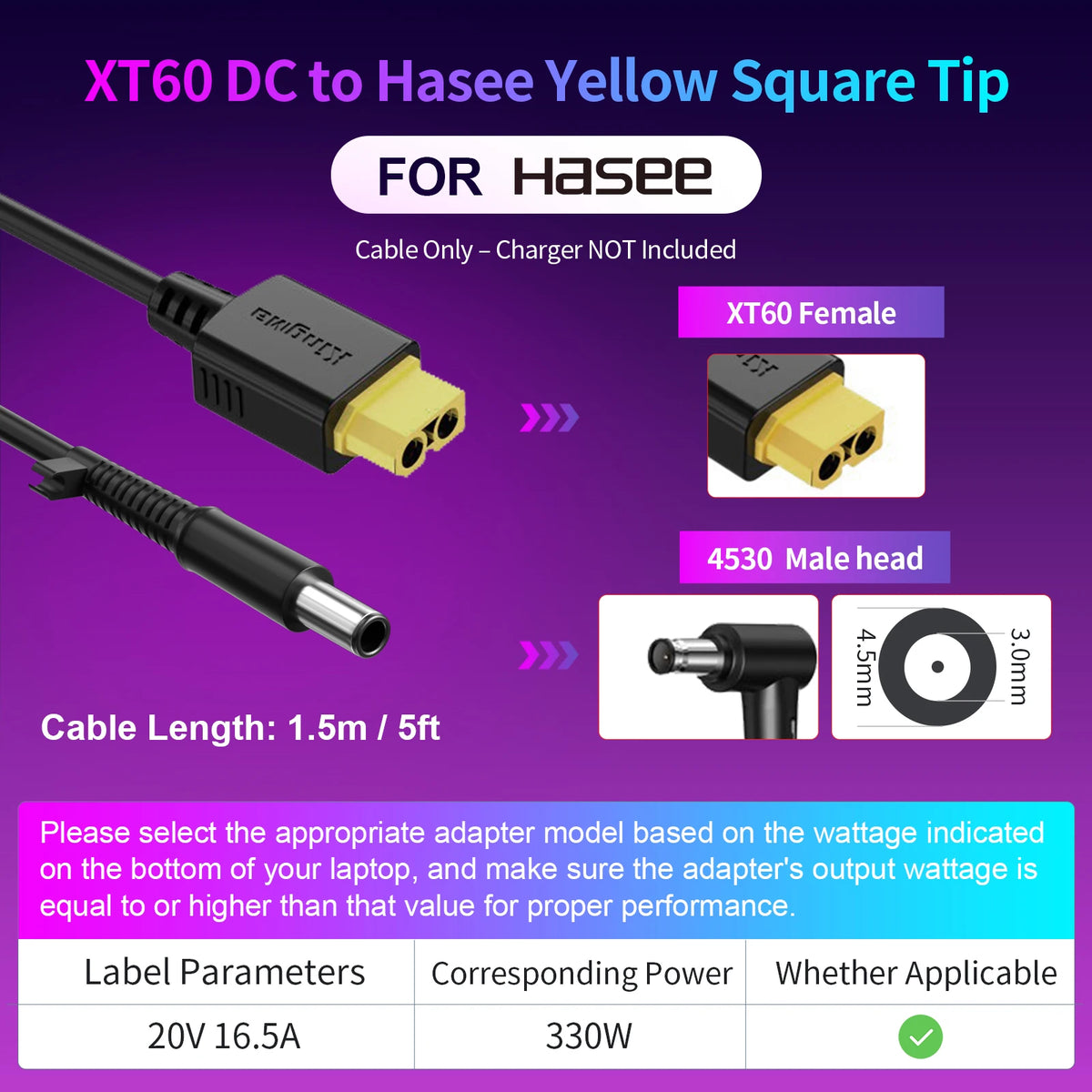 330W GaN Charger Laptop, XT60 to DC Cable Adapter,  Compatible with Lenovo, ASUS, Dell, Alienware, HP, Acer, MSI, Razer, Xiaomi