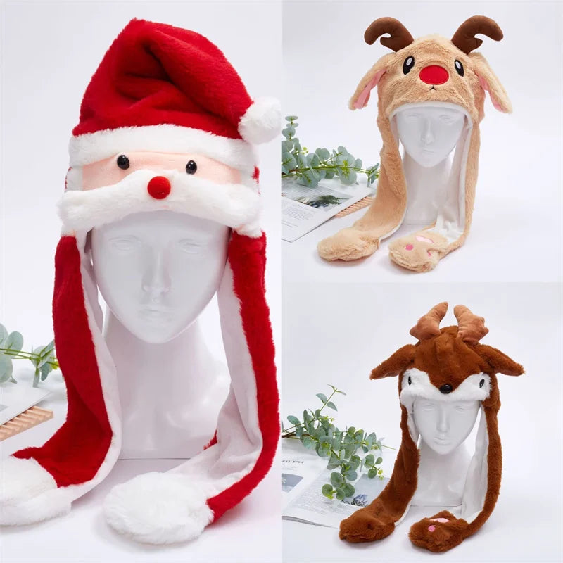 Funny Moving Ears Plush Hat – Airbag Flapping Animal Ear Beanie, Cute Santa, Reindeer & Halloween Cosplay Costume Hat for Kids & Adults