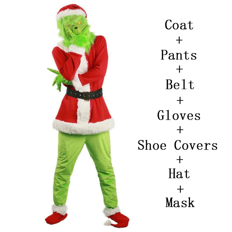 Deluxe Green Holiday Monster Cosplay Costume Set – Complete Christmas Santa Suit with Plush Mask, Coat, Pants, Gloves & Accessories for Adults