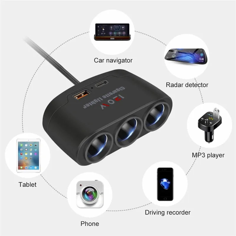 Cigarette Lighter Splitter - 120W 3-in-1 Fast Charger Adapter