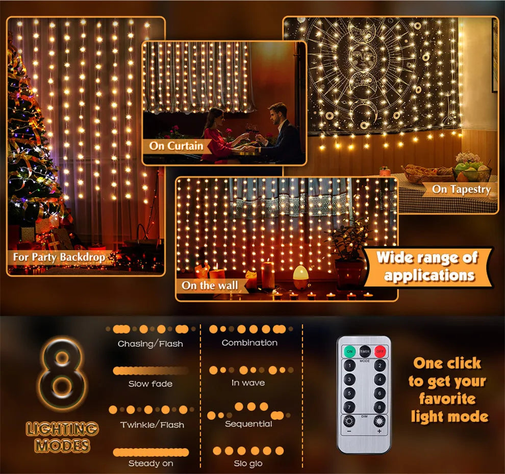 LED Fairy String Curtain Lights - 8 Mode Remote USB Decor