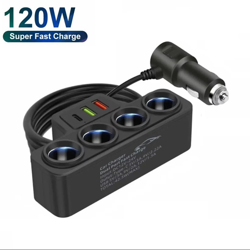 Cigarette Lighter Splitter - 120W 3-in-1 Fast Charger Adapter