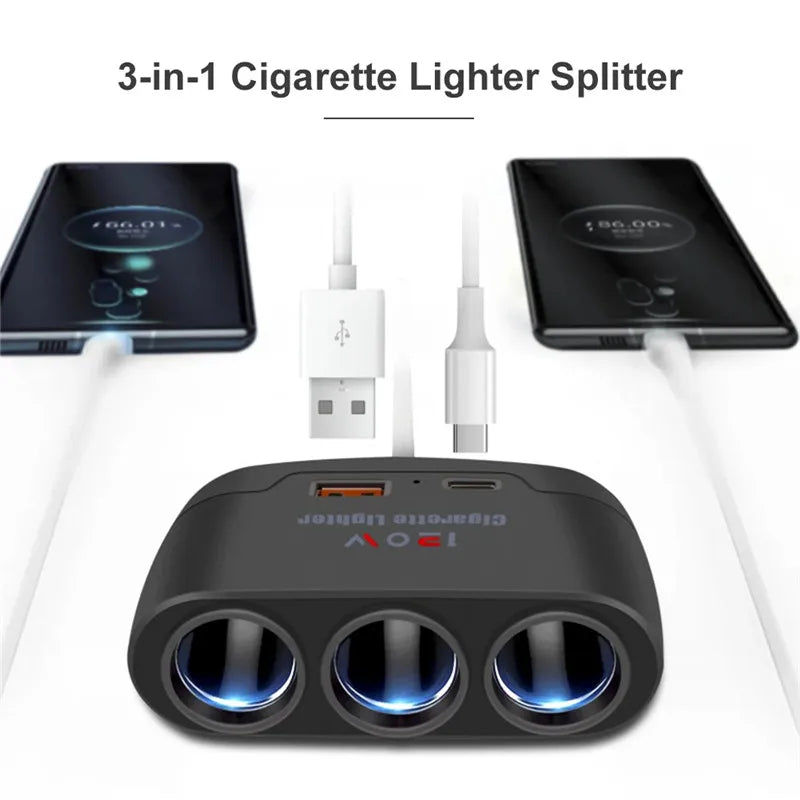 Cigarette Lighter Splitter - 120W 3-in-1 Fast Charger Adapter