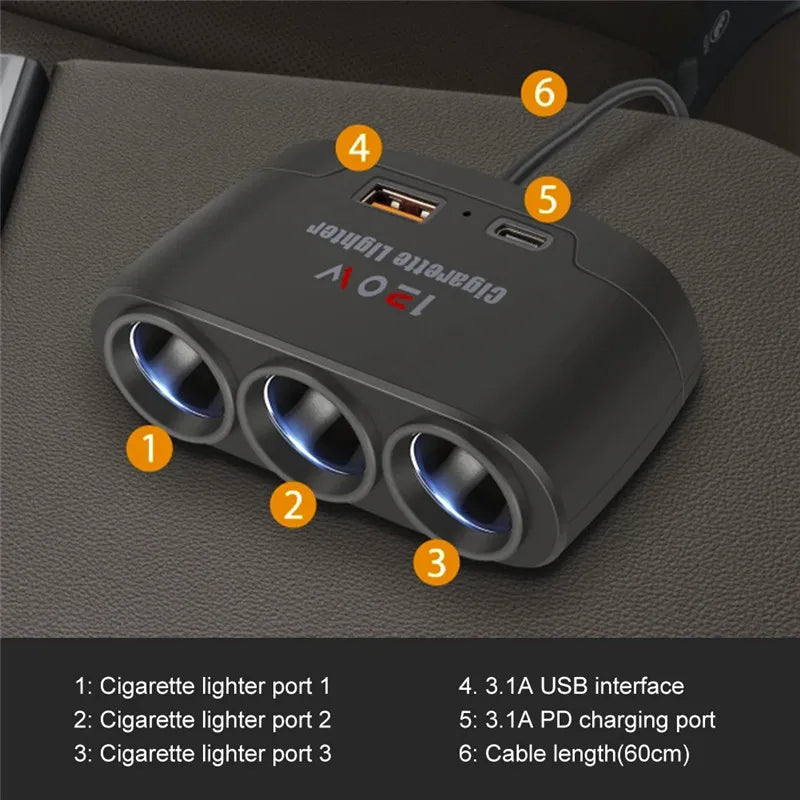 Cigarette Lighter Splitter - 120W 3-in-1 Fast Charger Adapter