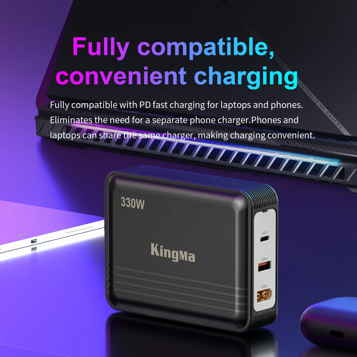 330W GaN Charger Laptop, XT60 to DC Cable Adapter,  Compatible with Lenovo, ASUS, Dell, Alienware, HP, Acer, MSI, Razer, Xiaomi