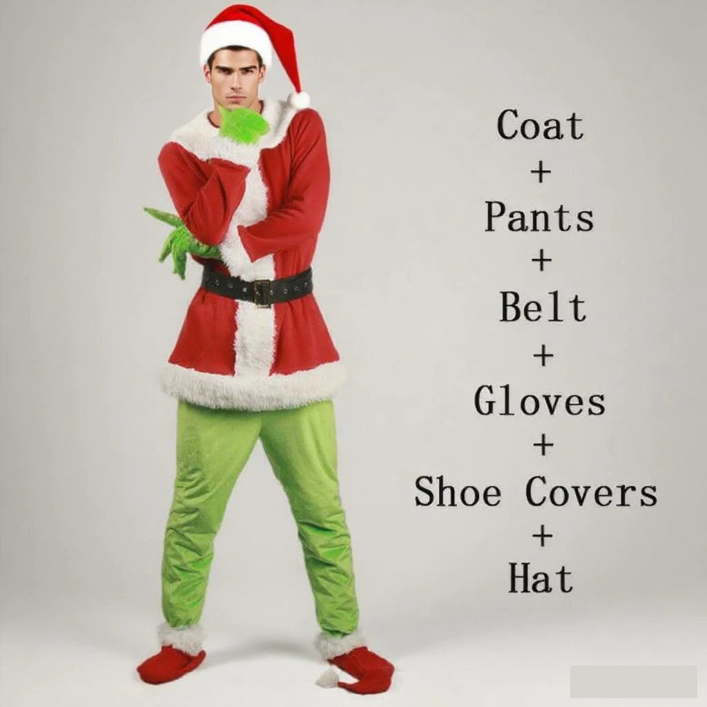 Deluxe Green Holiday Monster Cosplay Costume Set – Complete Christmas Santa Suit with Plush Mask, Coat, Pants, Gloves & Accessories for Adults
