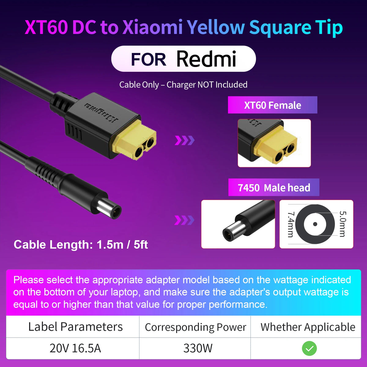 330W GaN Charger Laptop, XT60 to DC Cable Adapter,  Compatible with Lenovo, ASUS, Dell, Alienware, HP, Acer, MSI, Razer, Xiaomi