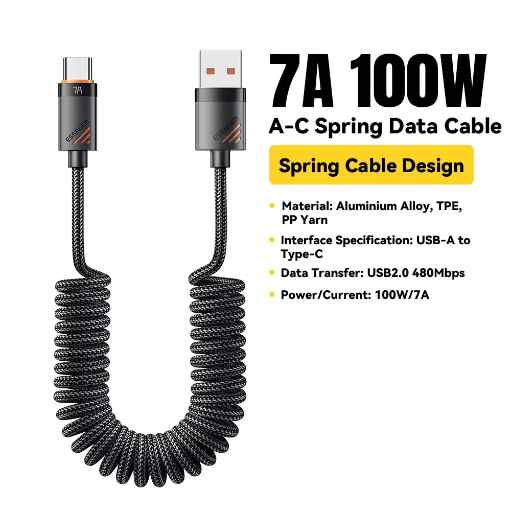 Essager Coiled USB-C to USB-C Spring Cable – 100W / 60W PD Fast Charging Retractable Car Charger Cord for iPhone 16/15, Samsung, iPad & Laptops